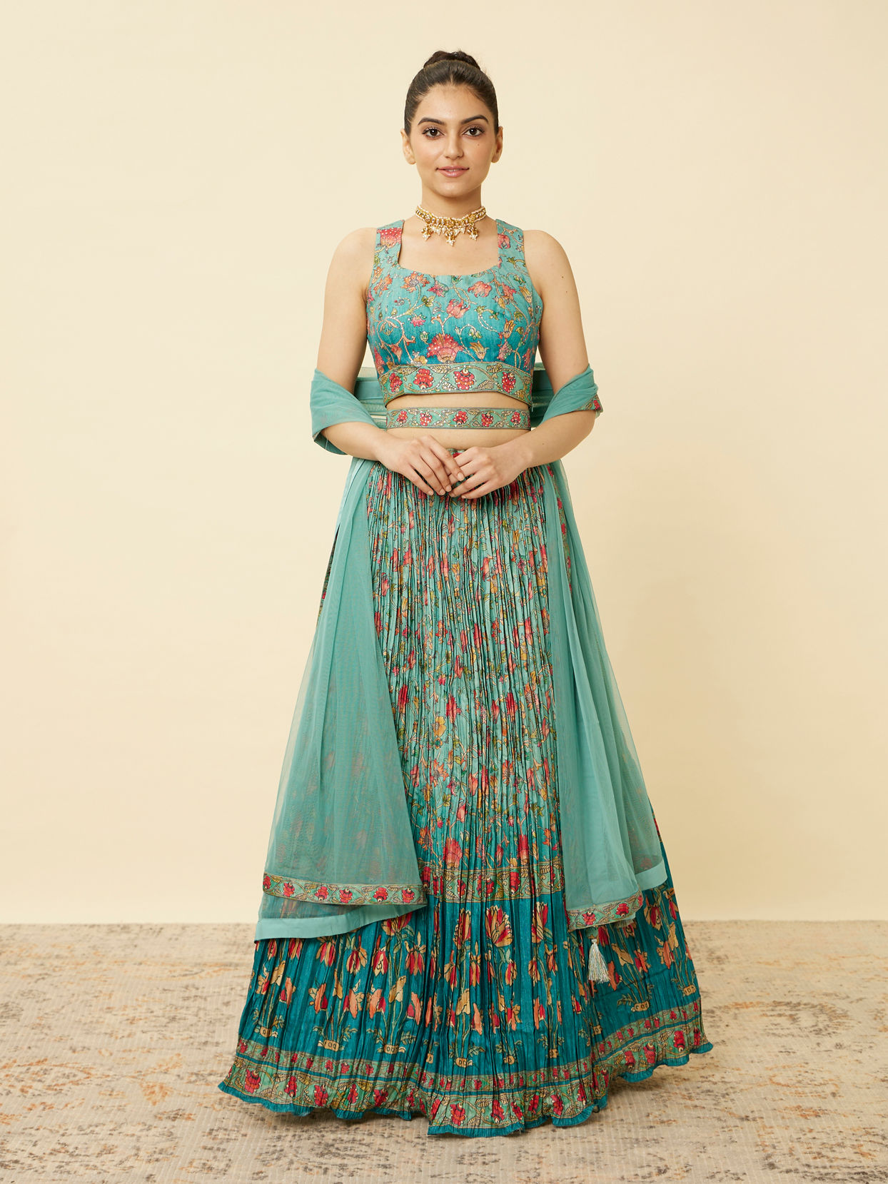 alt message - Mohey Women Sea Green Floral Printed Lehenga image number 0